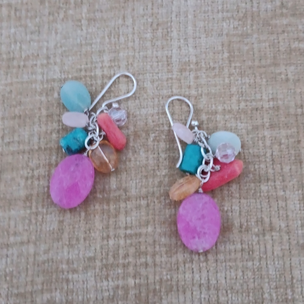 Silver Tone Multi Colored Beaded Dangle Earrings - image 8